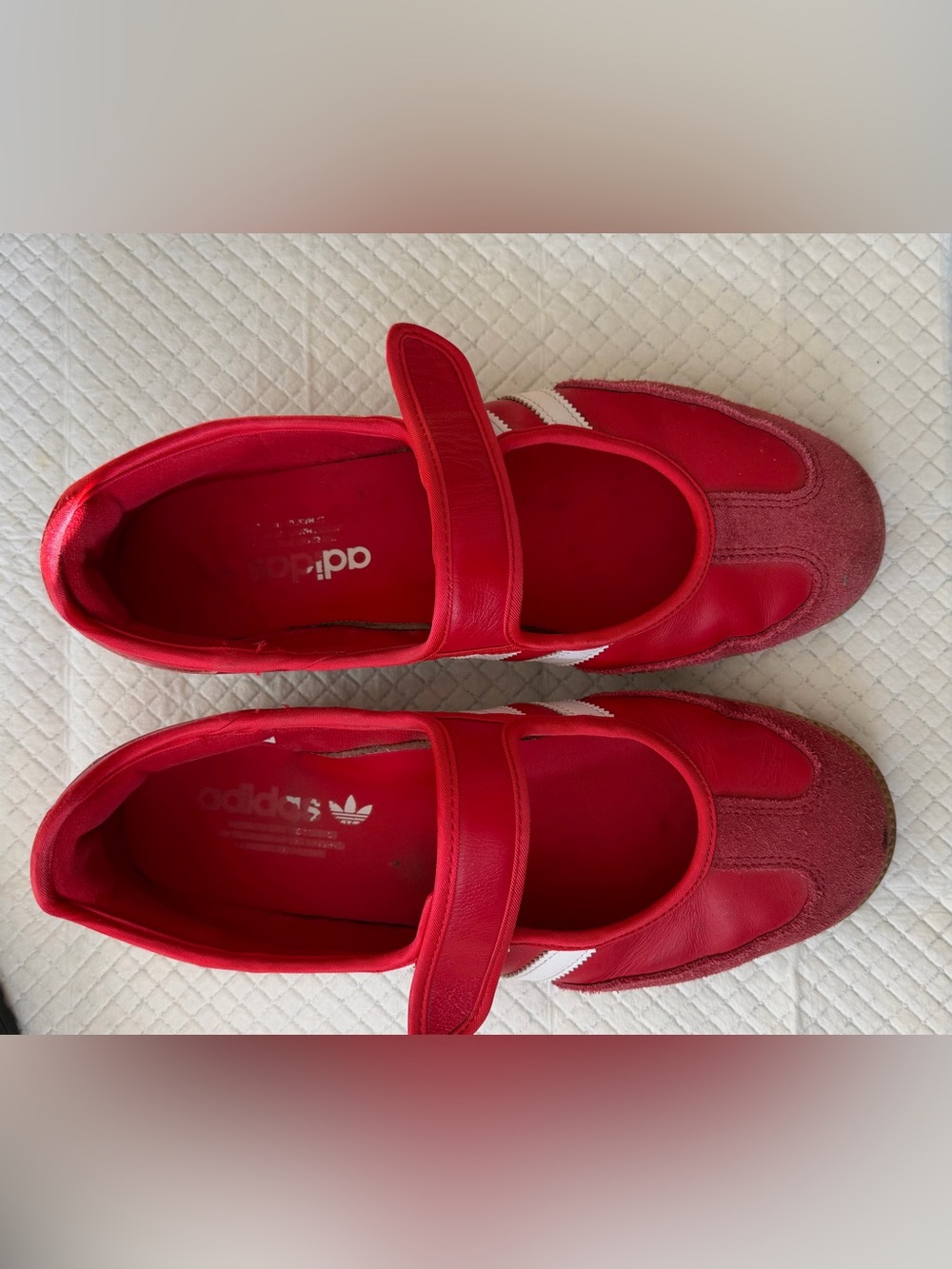 adidas Red Mary Jane Flats with White Stripes